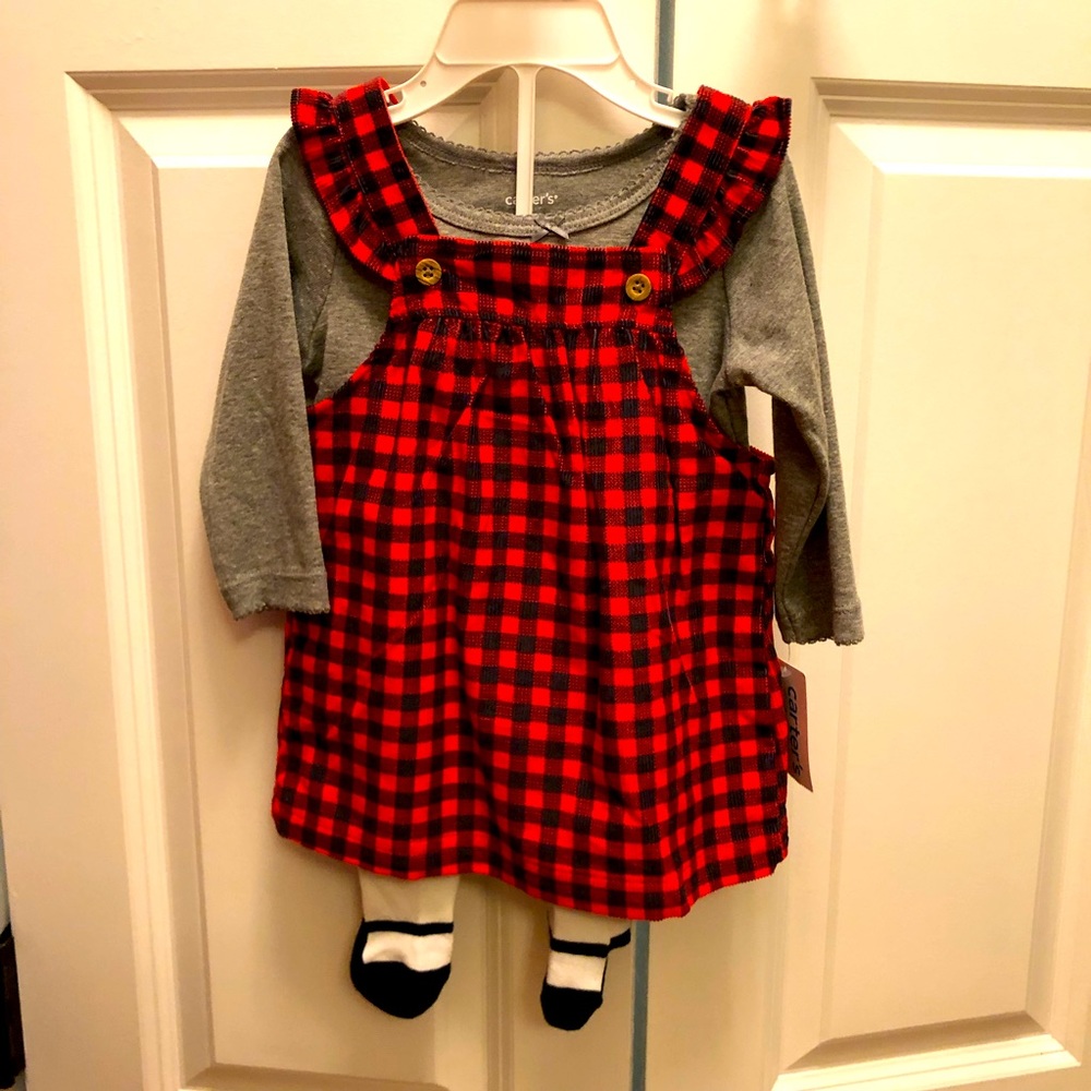 NWT Carter’s 3 piece girls 9 mo set with plaid dress gray shirt and tights